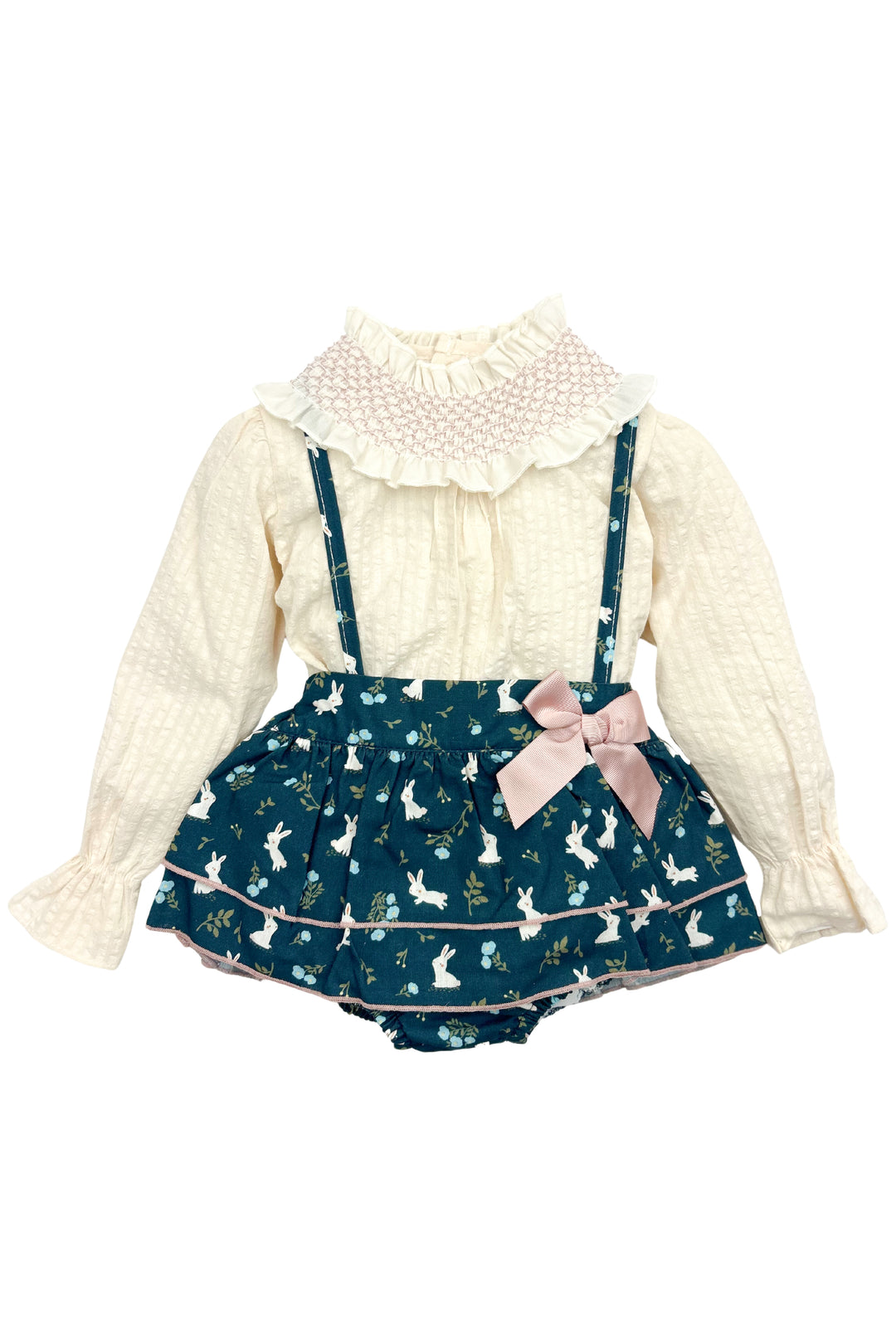 Valentina Bebes "Posie" Smocked Blouse & Navy Bunny Pinafore Skirt | Millie and John