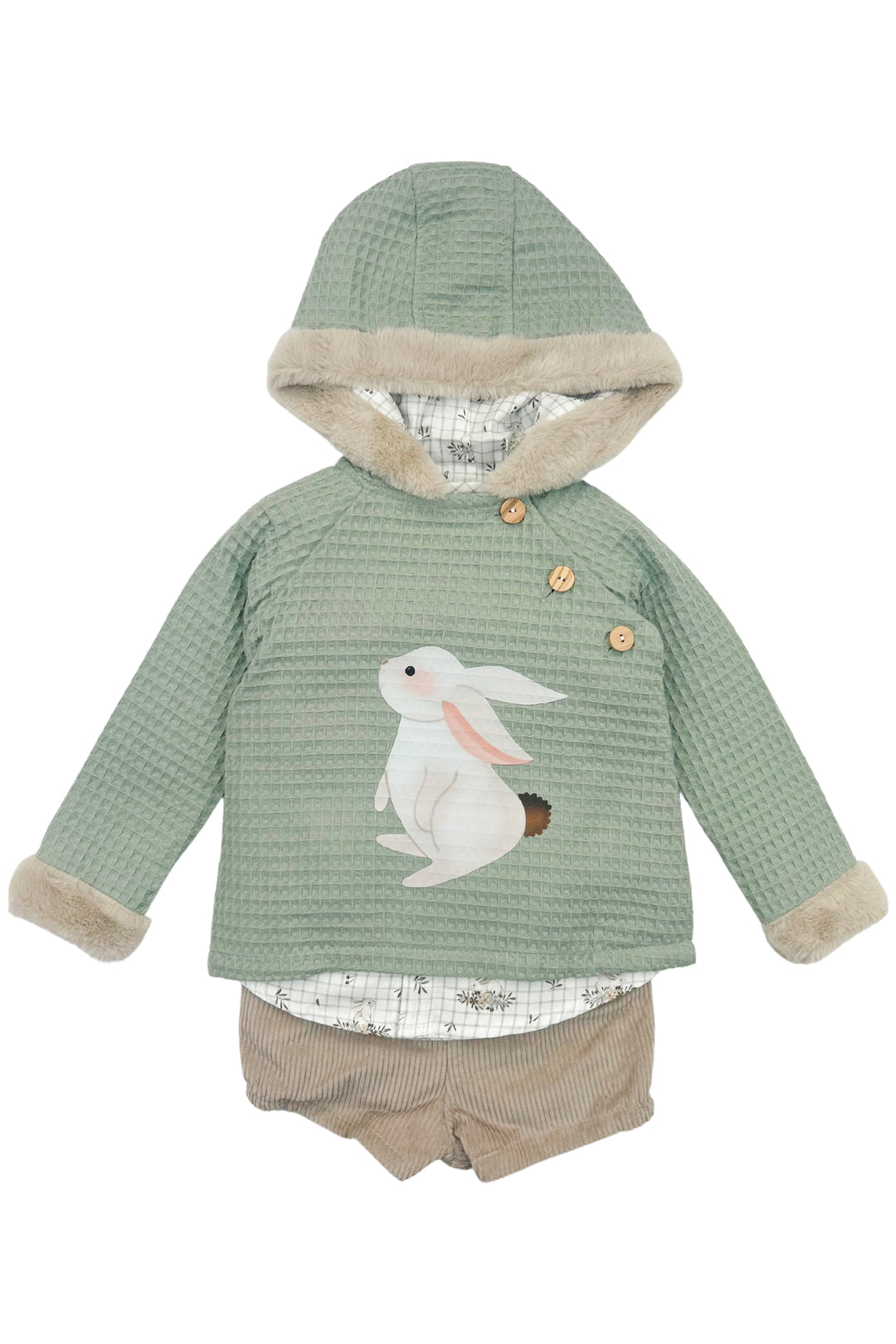 Valentina Bebes "Aspen" Sage Green Bunny Hoodie, Shirt & Shorts | Millie and John