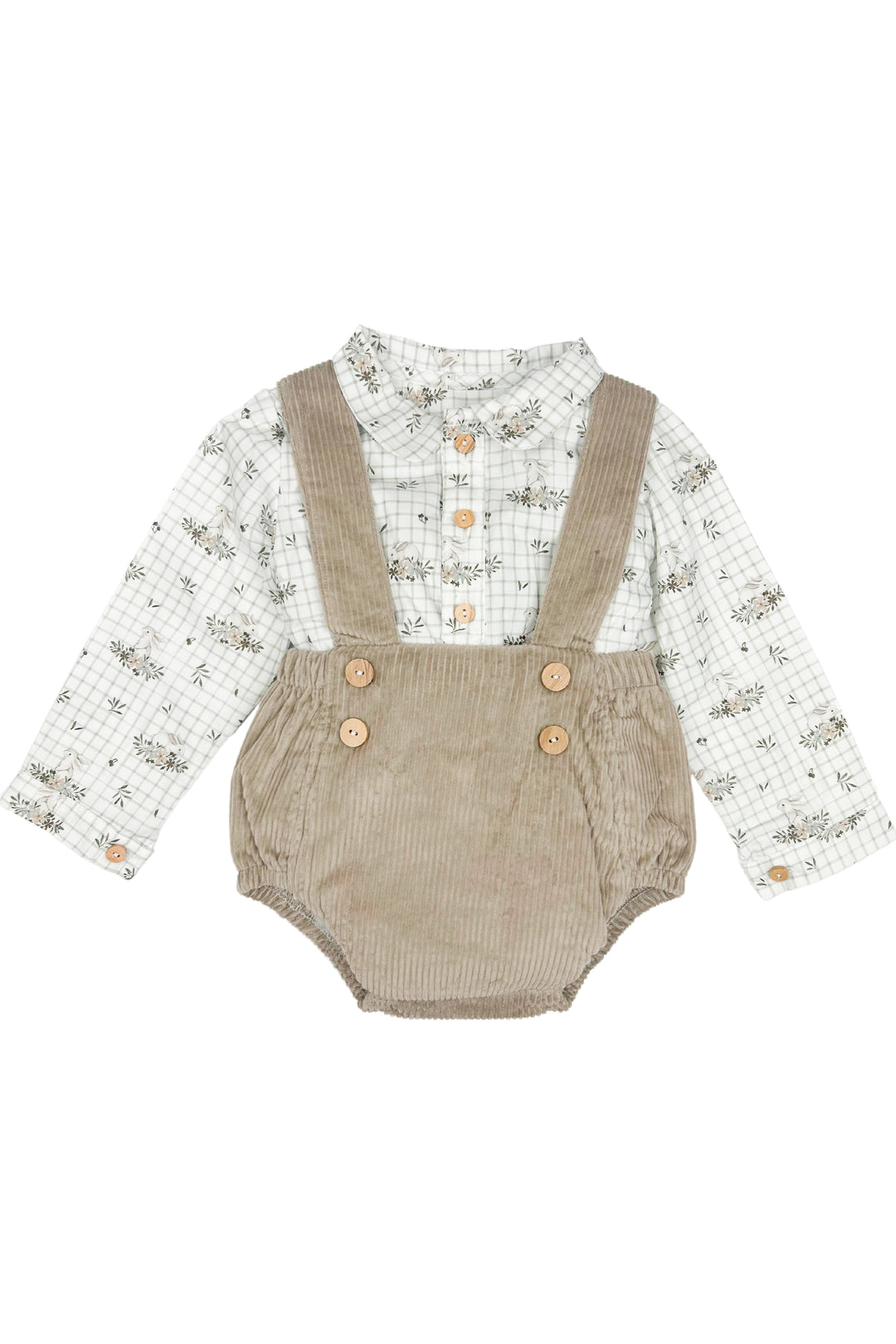 Valentina Bebes "Elias" Soft Khaki Bunny Print Shirt & Cord Jam Pants | Millie and John