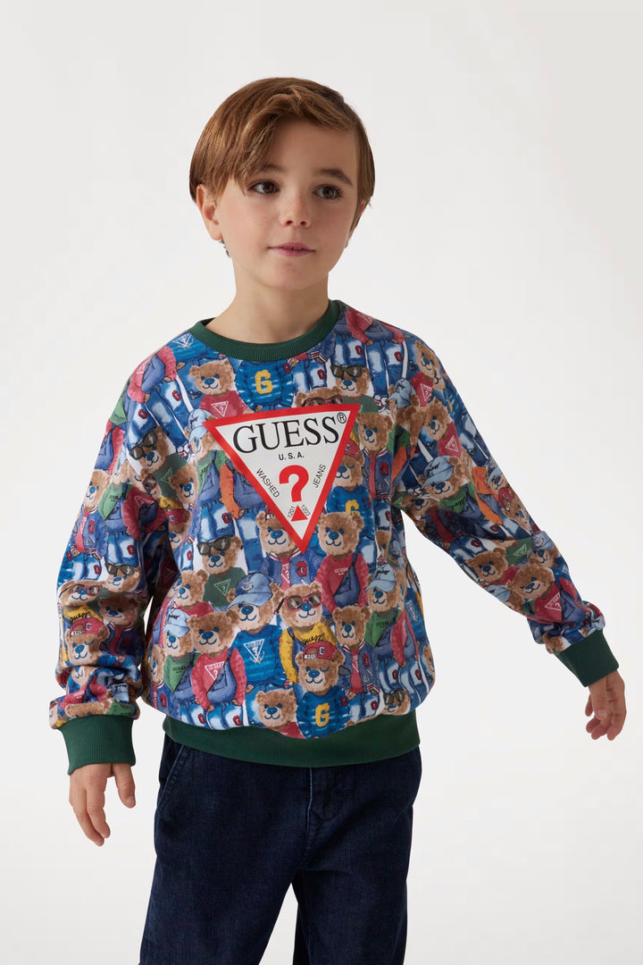 GUESS® Kids "Hugo" Blue & Green All Over Bear Sweatshirt | Millie and John