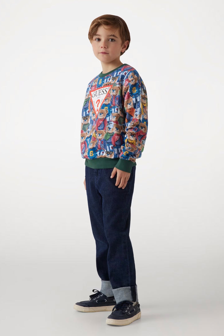 GUESS® Kids "Hugo" Blue & Green All Over Bear Sweatshirt | Millie and John