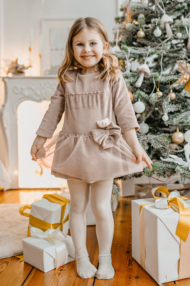 Jamiks "Lisbeth" Beige Velour Tulle Teddy Dress | Millie and John
