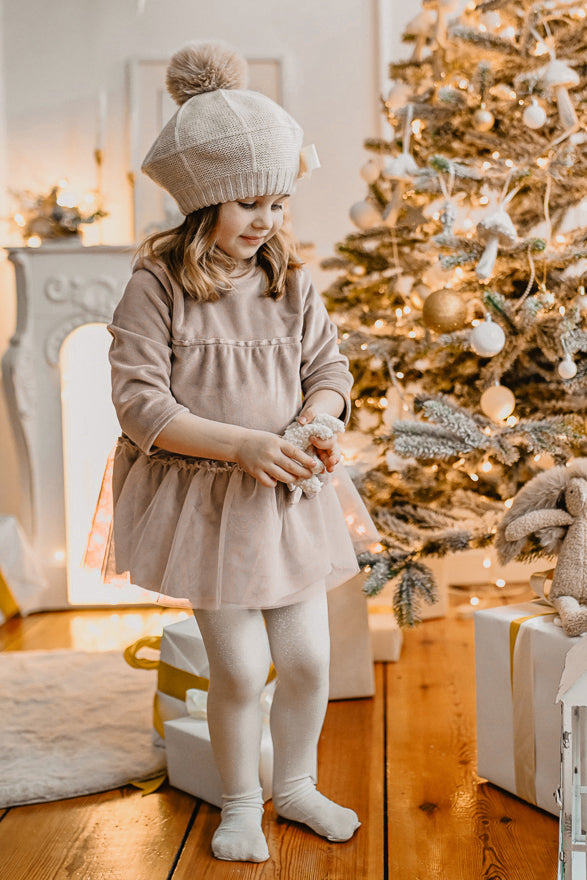 Jamiks "Lisbeth" Beige Velour Tulle Teddy Dress | Millie and John