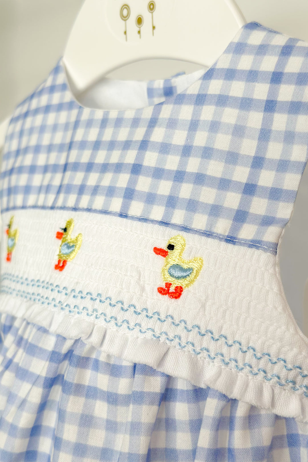 Valentina Bebés "Harrie" Blue Gingham Smocked Duck Romper | Millie and John