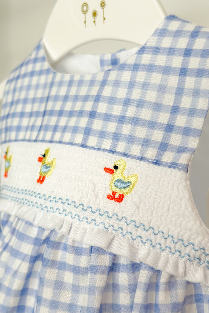 Valentina Bebés "Harrie" Blue Gingham Smocked Duck Romper | Millie and John