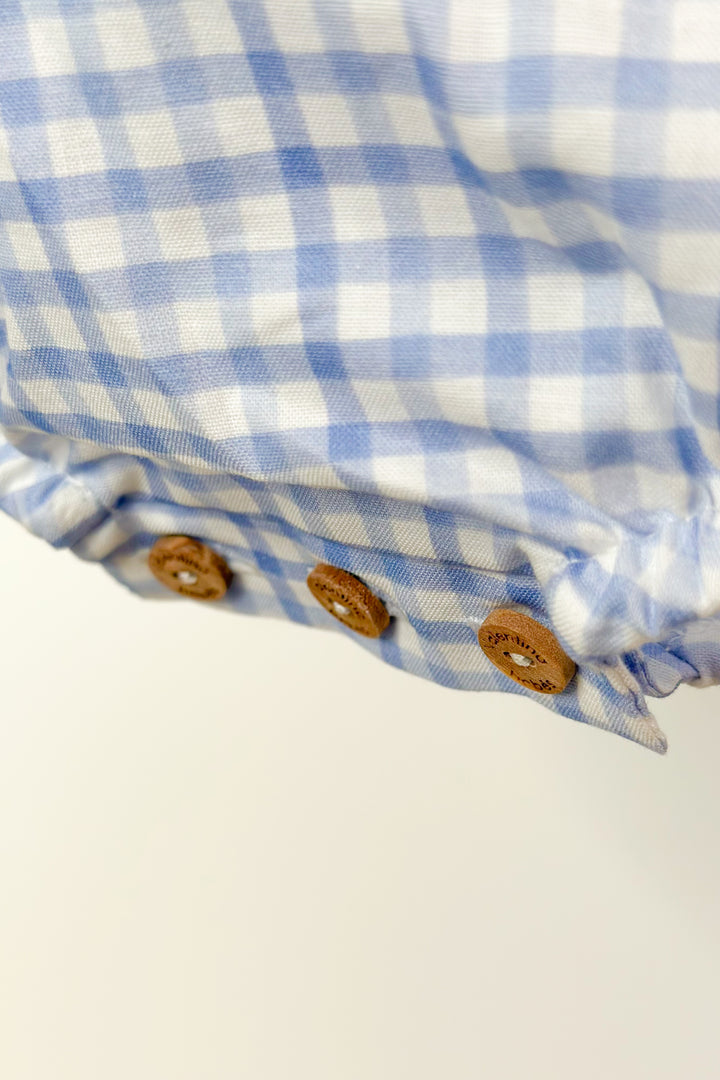 Valentina Bebés "Harrie" Blue Gingham Smocked Duck Romper | Millie and John