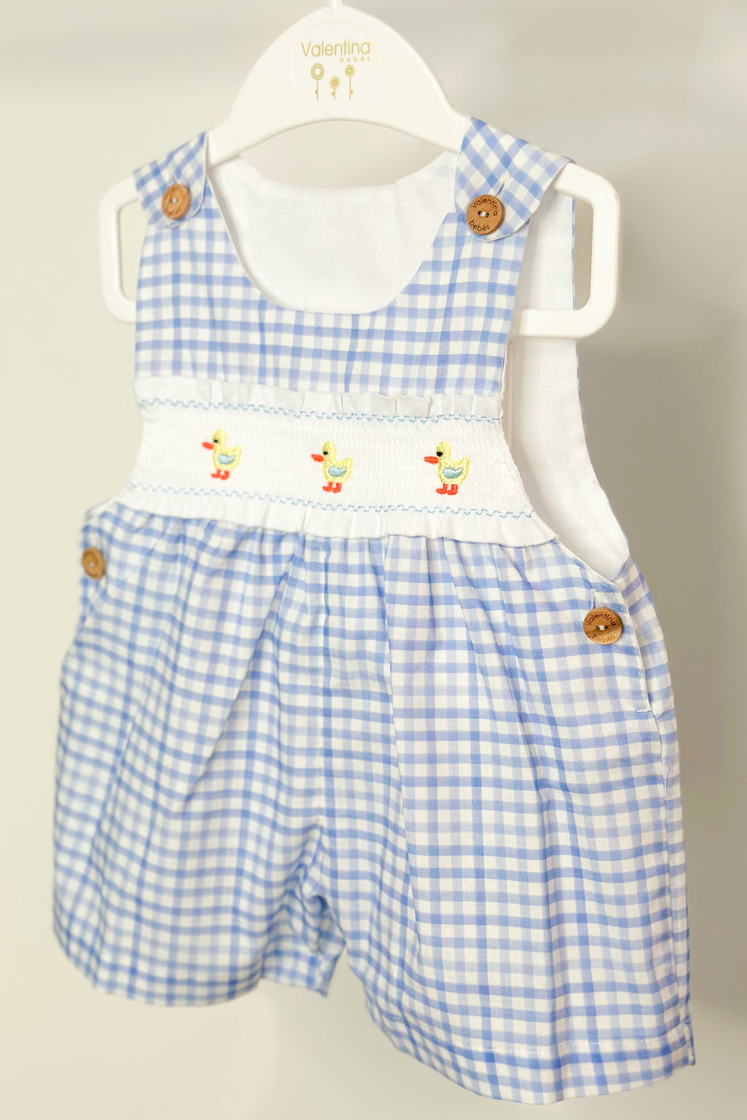 Valentina Bebés "Sammie" Blue Gingham Smocked Duck Dungarees | Millie and John