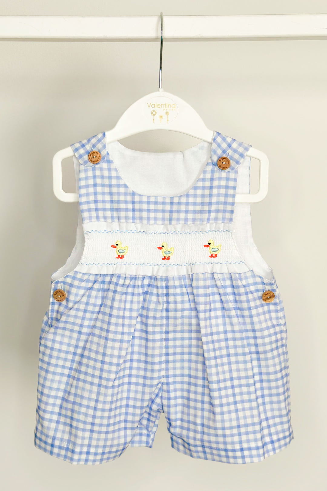 Valentina Bebés "Sammie" Blue Gingham Smocked Duck Dungarees | Millie and John
