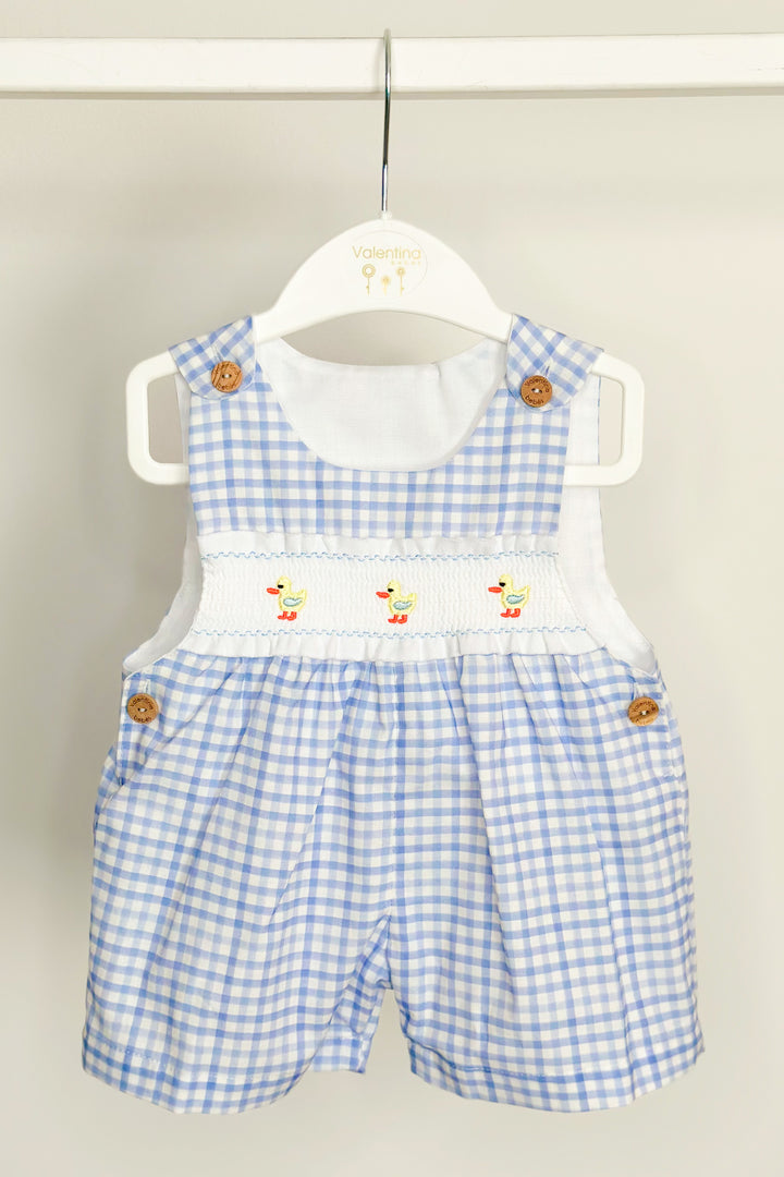 Valentina Bebés "Sammie" Blue Gingham Smocked Duck Dungarees | Millie and John