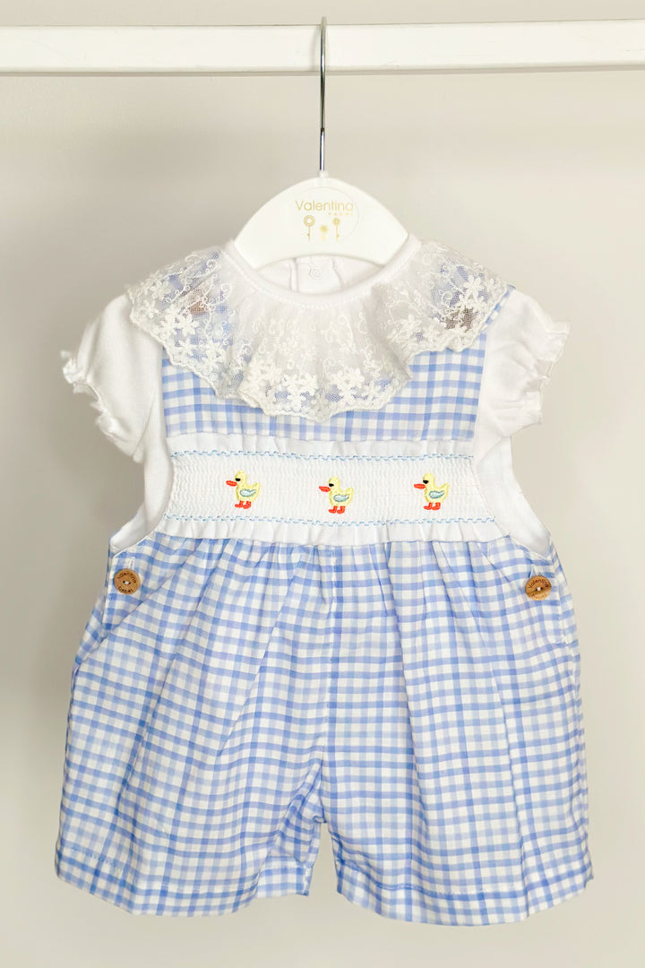 Valentina Bebés "Sammie" Blue Gingham Smocked Duck Dungarees | Millie and John