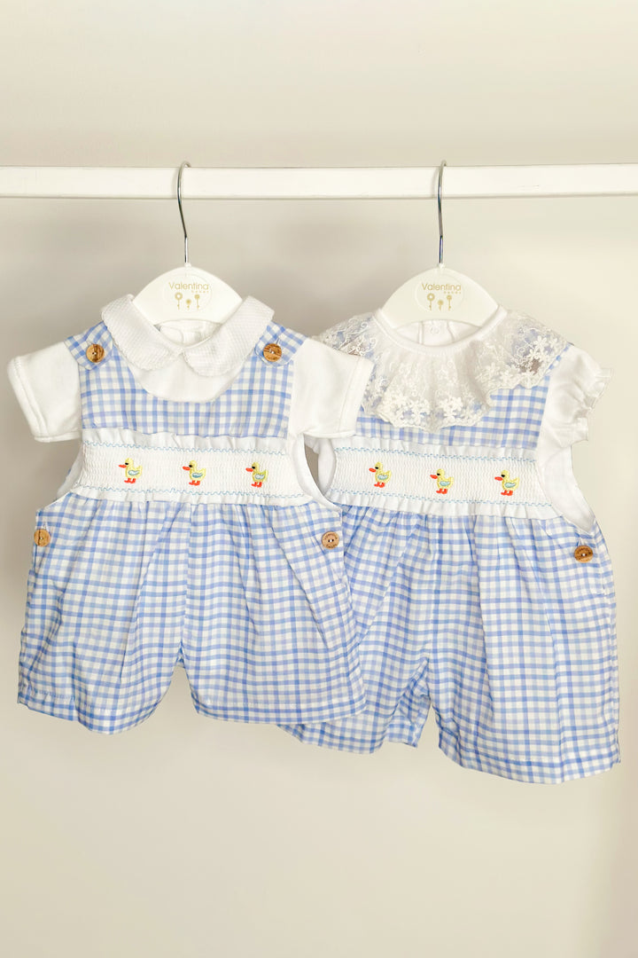Valentina Bebés "Sammie" Blue Gingham Smocked Duck Dungarees | Millie and John