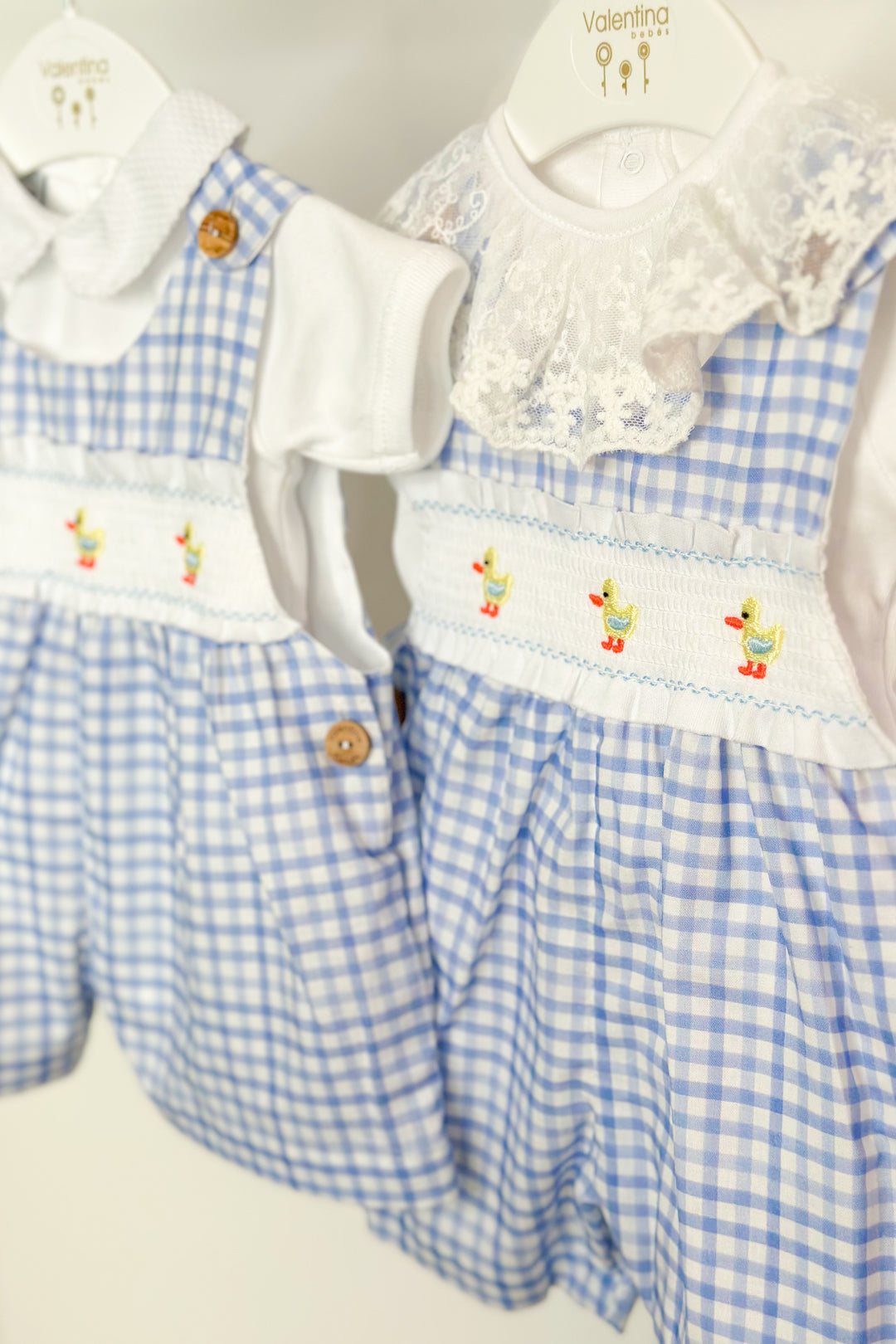 Valentina Bebés "Sammie" Blue Gingham Smocked Duck Dungarees | Millie and John