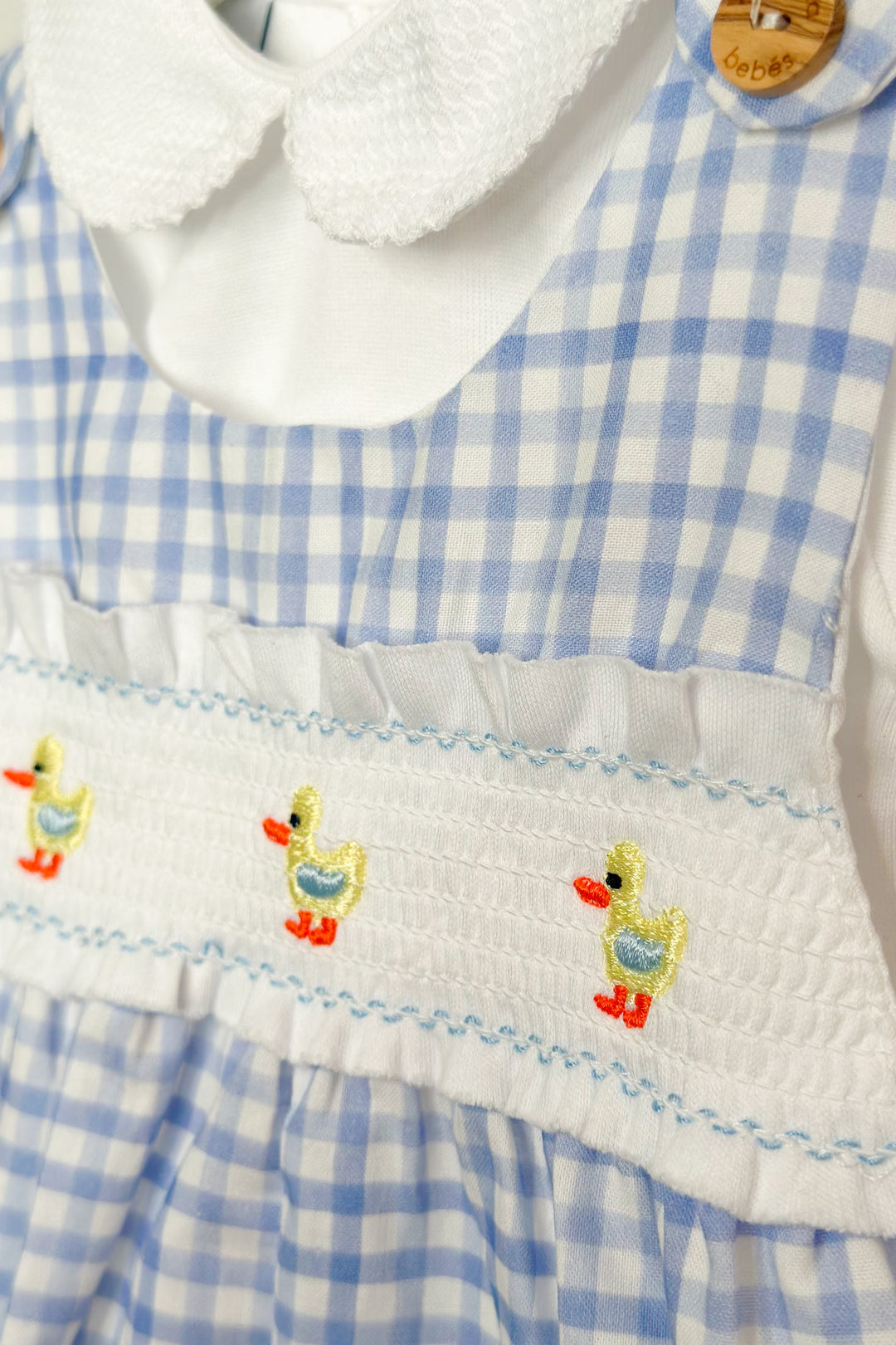 Valentina Bebés "Sammie" Blue Gingham Smocked Duck Dungarees | Millie and John