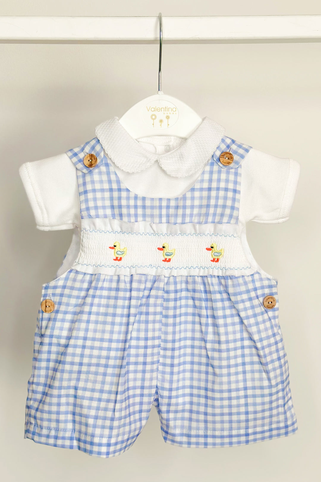 Valentina Bebés "Sammie" Blue Gingham Smocked Duck Dungarees | Millie and John