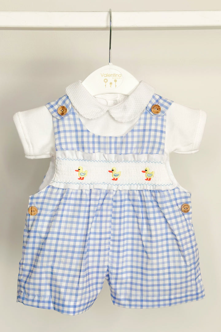 Valentina Bebés "Sammie" Blue Gingham Smocked Duck Dungarees | Millie and John