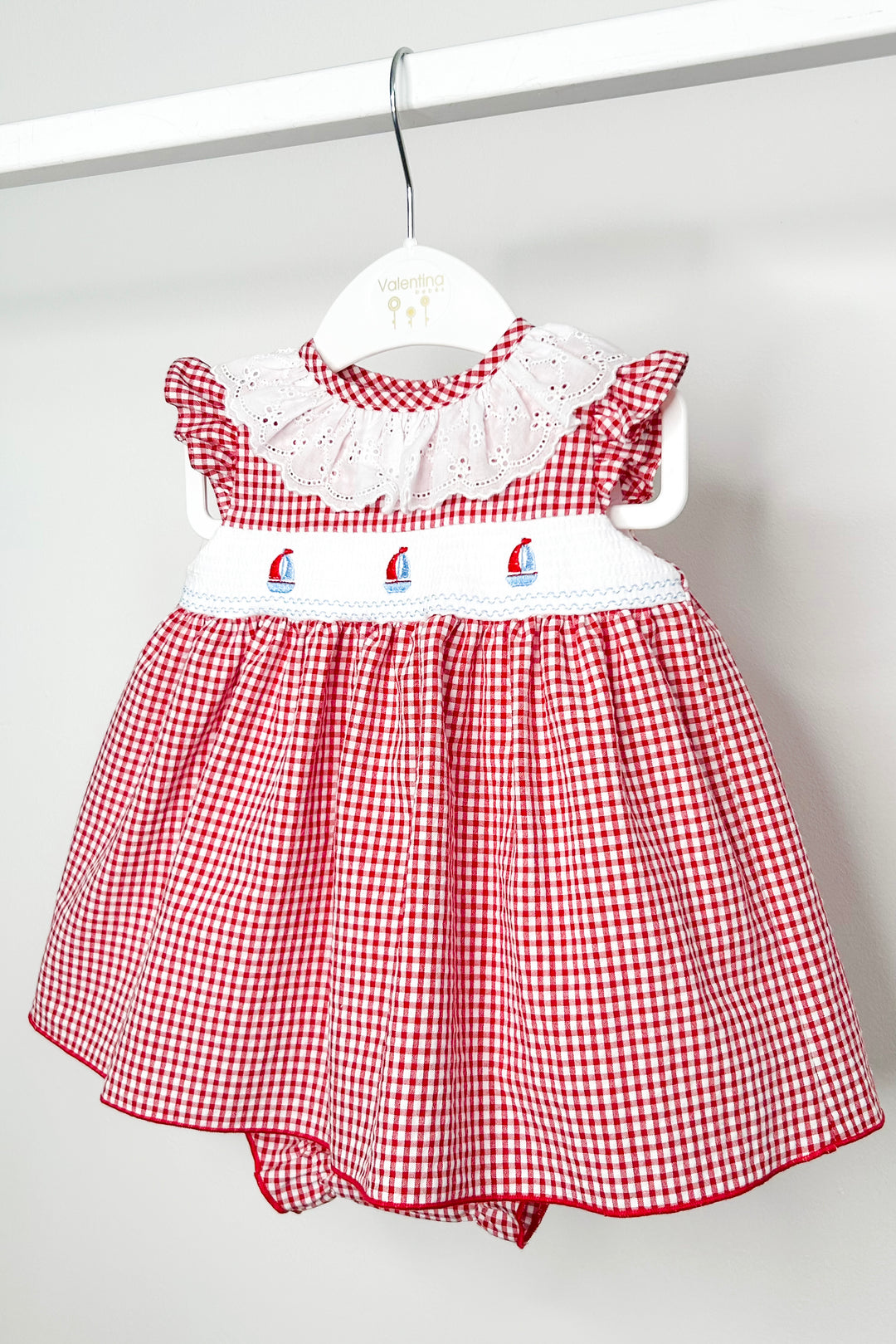 Valentina Bebés "Bonnie" Red Gingham Smocked Sailboat Dress & Bloomers | Millie and John