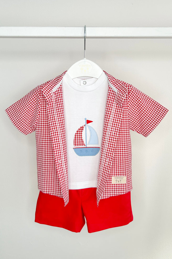Valentina Bebés "Heath" Red Gingham Shirt, T-Shirt & Shorts | Millie and John