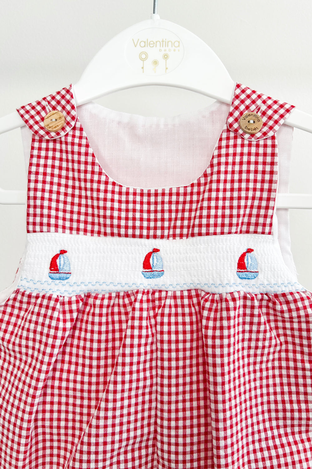 Valentina Bebés "Monty" Red Gingham Smocked Sailboat Dungarees | Millie and John