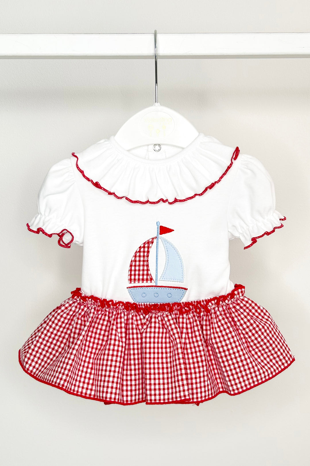 Valentina Bebés "Liliana" Red Sailboat Top & Gingham Bloomer Skirt | Millie and John