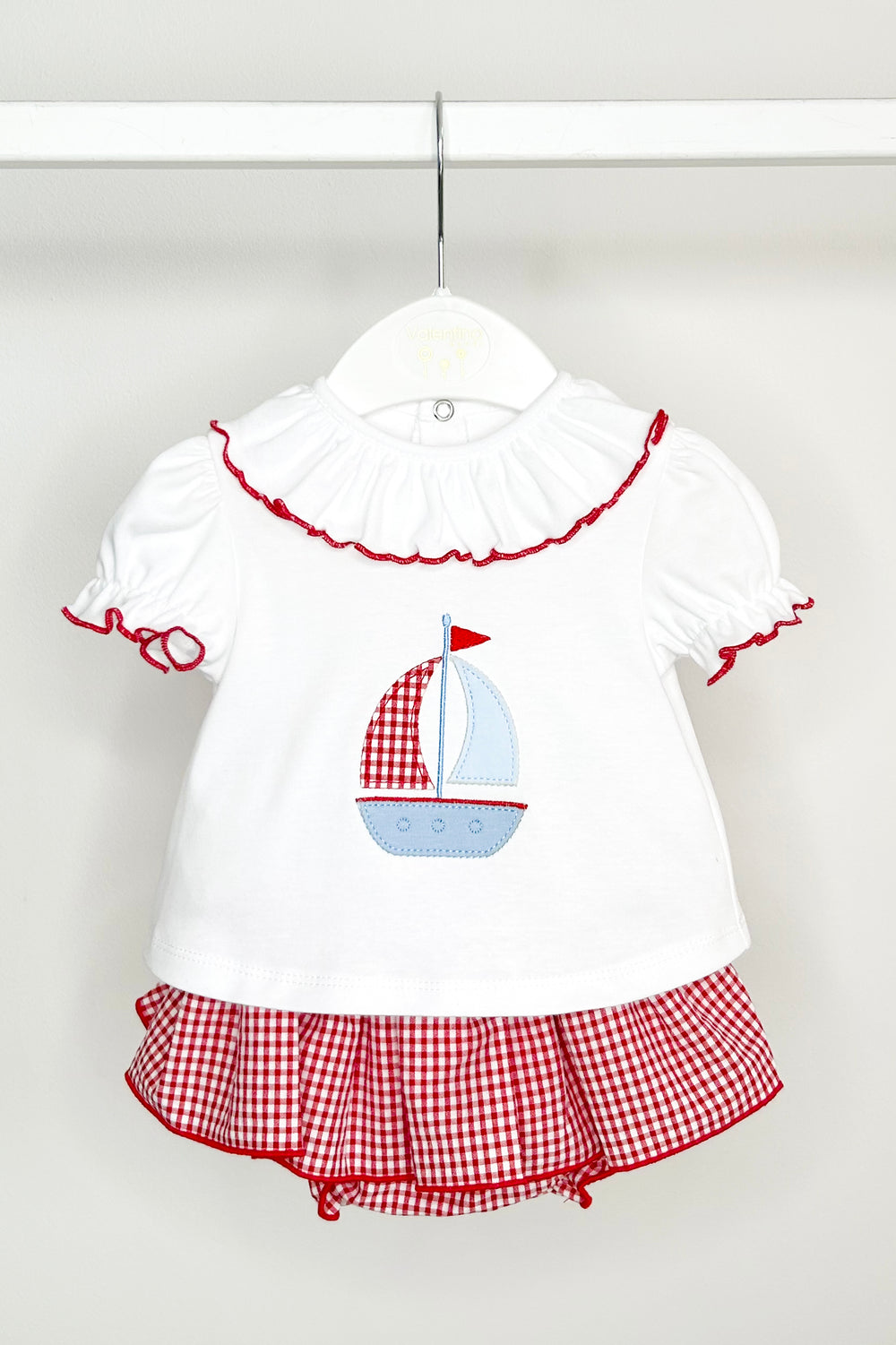 Valentina Bebés "Liliana" Red Sailboat Top & Gingham Bloomer Skirt | Millie and John