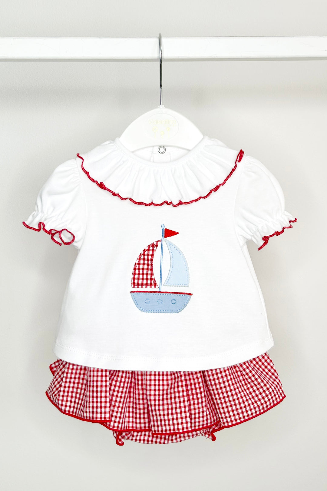 Valentina Bebés "Liliana" Red Sailboat Top & Gingham Bloomer Skirt | Millie and John