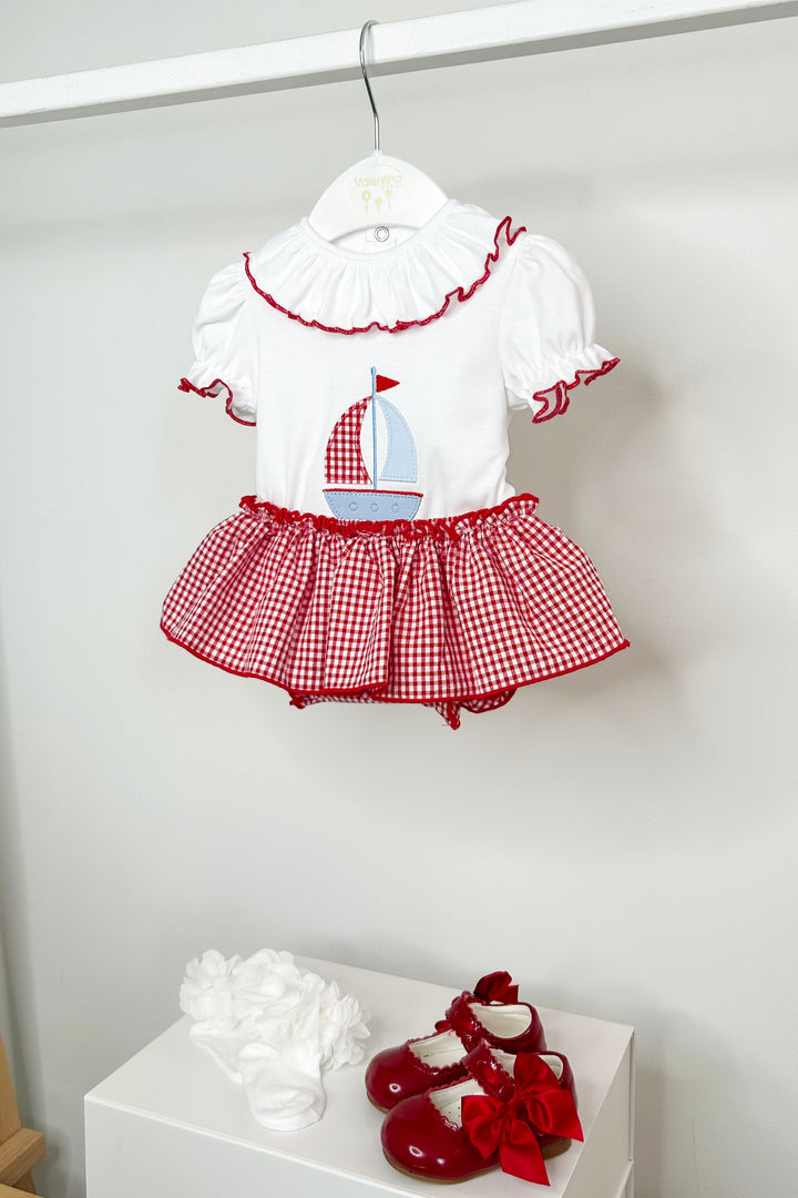 Valentina Bebés "Liliana" Red Sailboat Top & Gingham Bloomer Skirt | Millie and John
