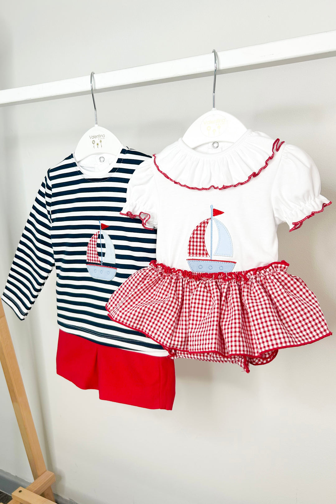 Valentina Bebés "Liliana" Red Sailboat Top & Gingham Bloomer Skirt | Millie and John