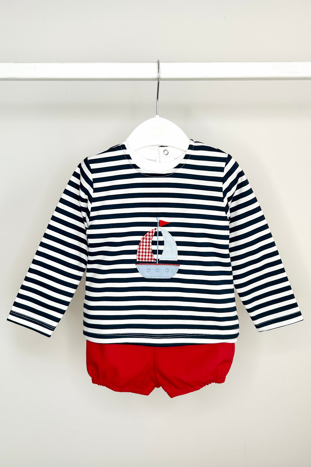 Valentina Bebés "Nicholas" Navy Striped Sailboat 3-Piece Shorts Set | Millie and John