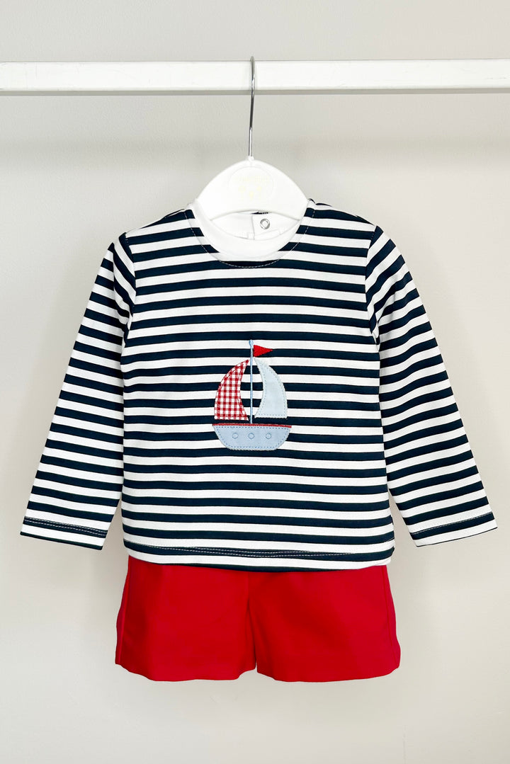 Valentina Bebés "Nicholas" Navy Striped Sailboat 3-Piece Shorts Set | Millie and John
