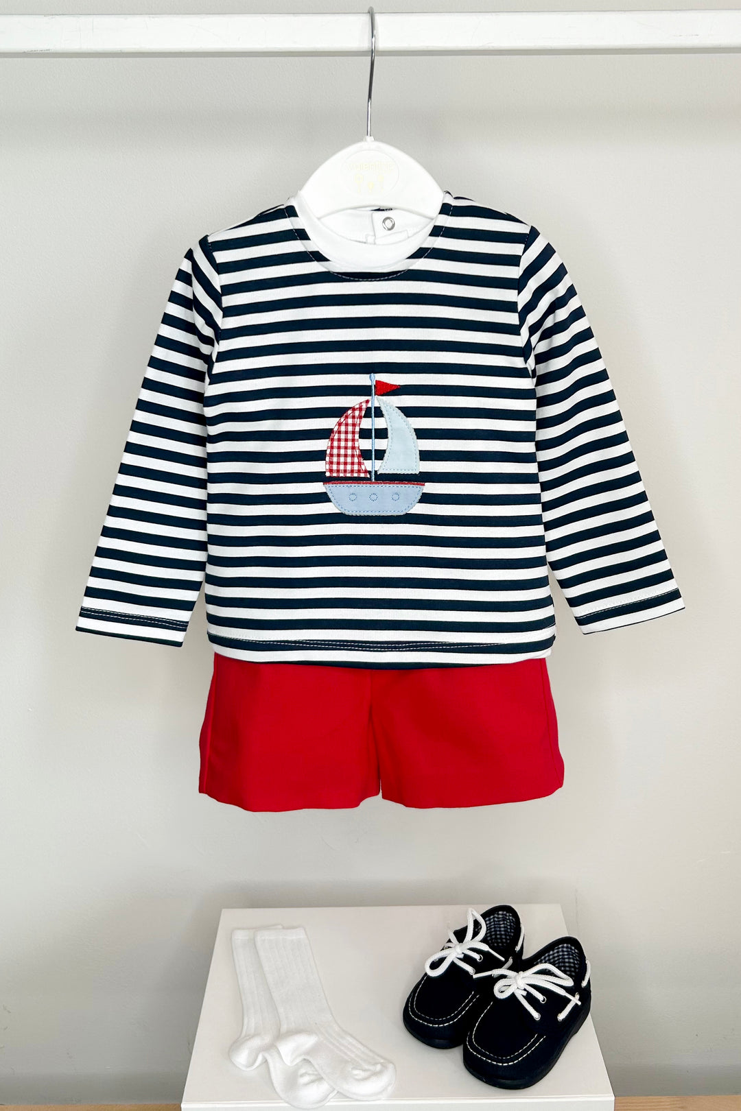 Valentina Bebés "Nicholas" Navy Striped Sailboat 3-Piece Shorts Set | Millie and John