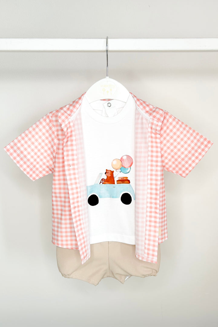 Valentina Bebés "Micah" Peach Gingham Shirt, T-Shirt & Shorts | Millie and John