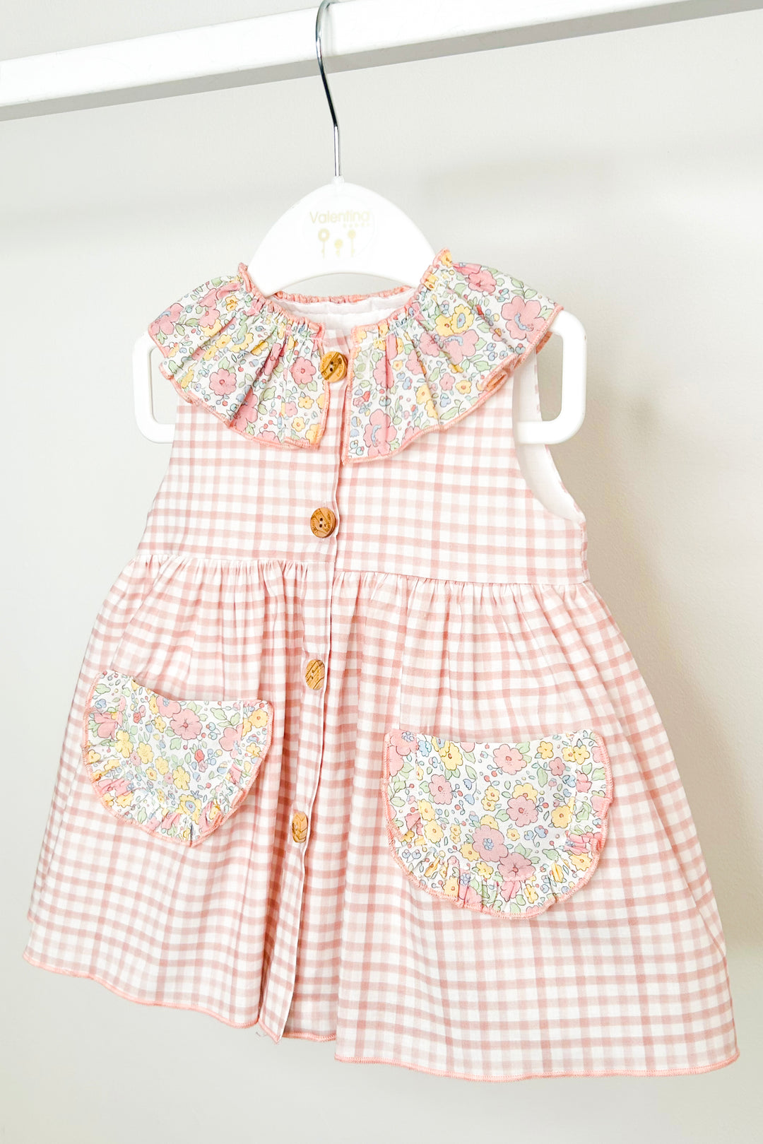 Valentina Bebés "Loretta" Pale Pink & Yellow Floral Gingham Dress & Bloomers | Millie and John