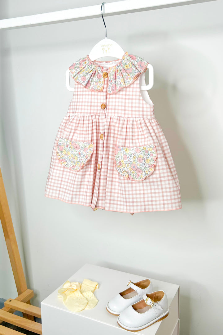 Valentina Bebés "Loretta" Pale Pink & Yellow Floral Gingham Dress & Bloomers | Millie and John