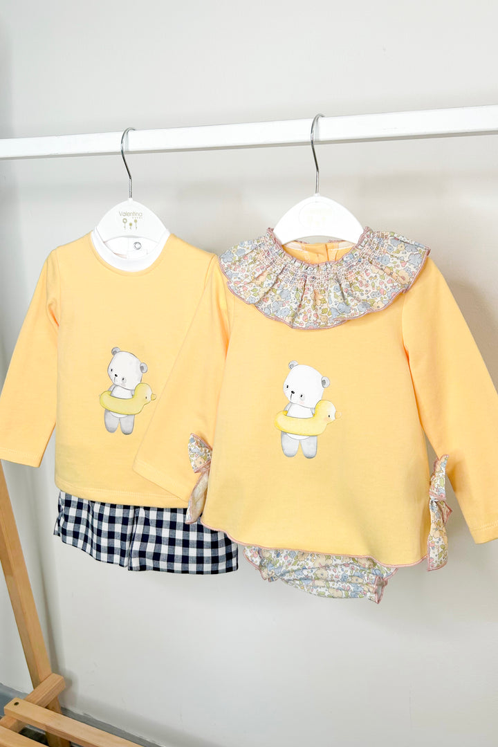 Valentina Bebés "Skye" Sunshine Yellow Floral Top & Bloomer Skirt | Millie and John