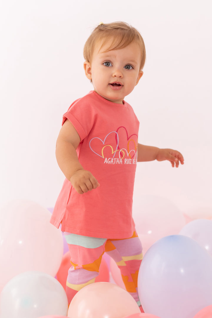 Agatha Ruíz de la Prada "Delia" Coral T-Shirt & Multicoloured Leggings | Millie and John