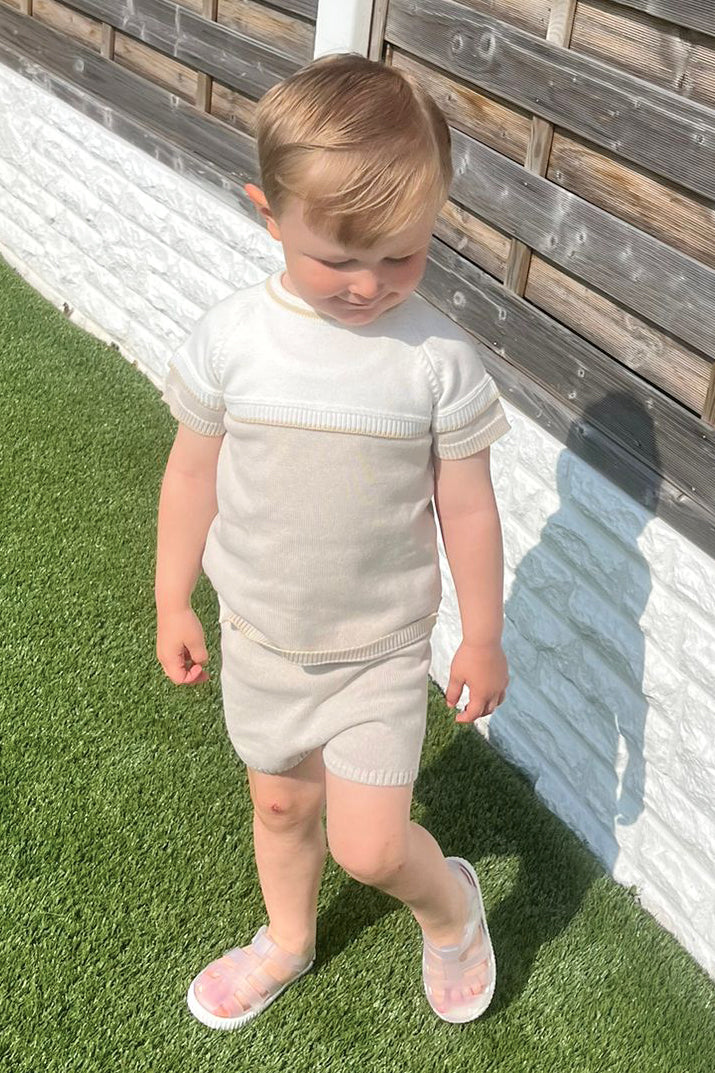 Granlei "Theo" Stone, Ivory & Beige Knit Top & Shorts | Millie and John