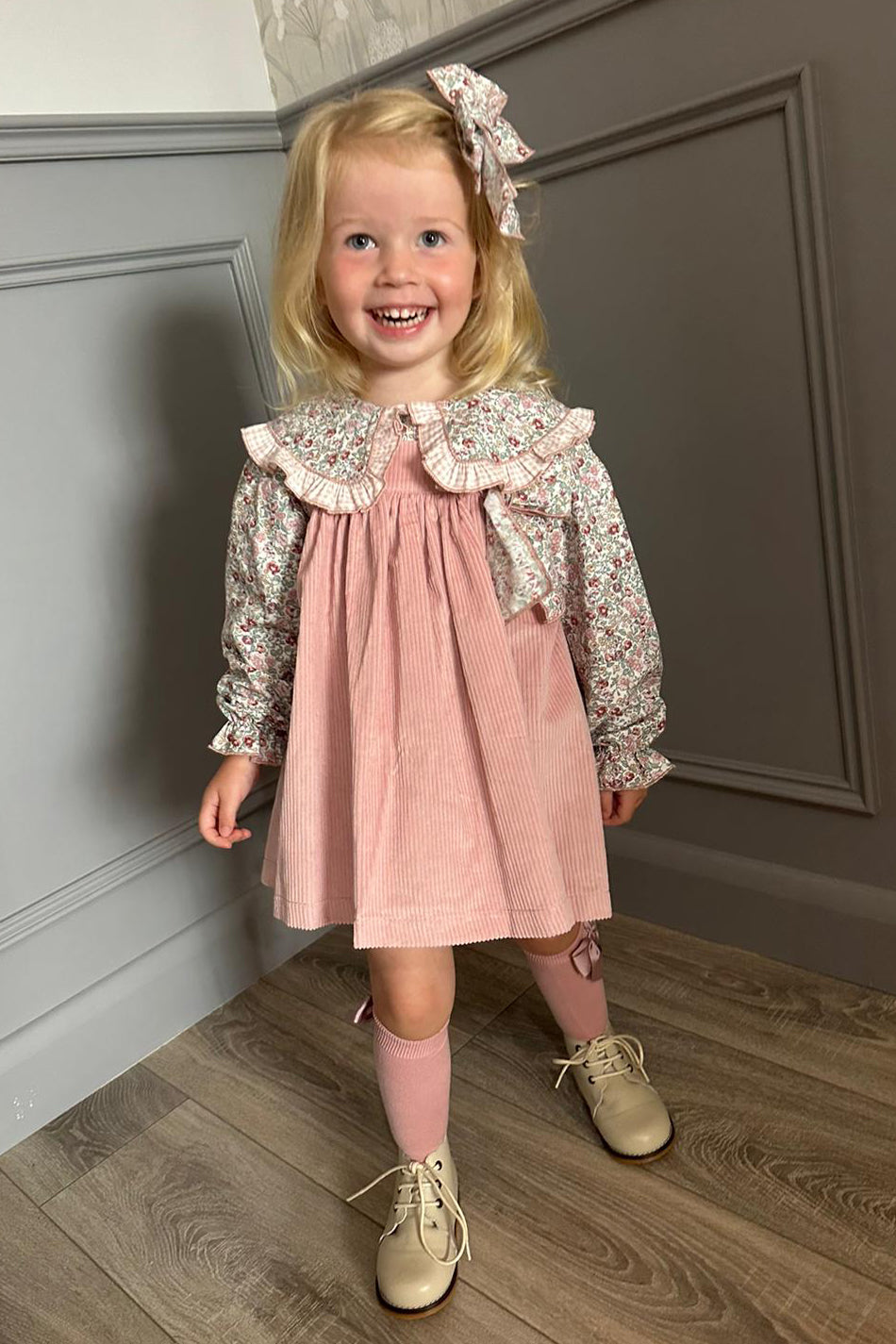Valentina Bebes "Evie" Dusky Pink Floral Blouse & Cord Pinafore Dress | Millie and John