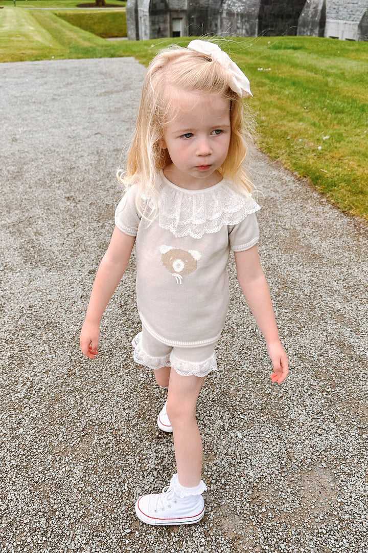 Granlei "Millicent" Stone Knitted Lace Bear Top & Shorts | Millie and John