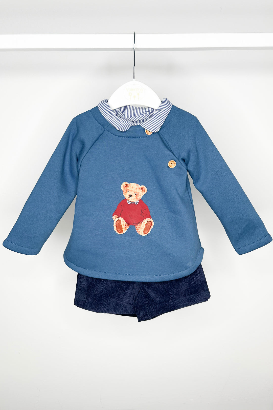 Valentina Bebes "Pedro" Dusky Blue Teddy Sweatshirt, Shirt & Shorts | Millie and John