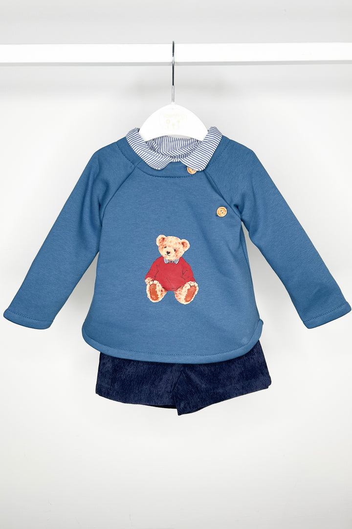 Valentina Bebes "Pedro" Dusky Blue Teddy Sweatshirt, Shirt & Shorts | Millie and John