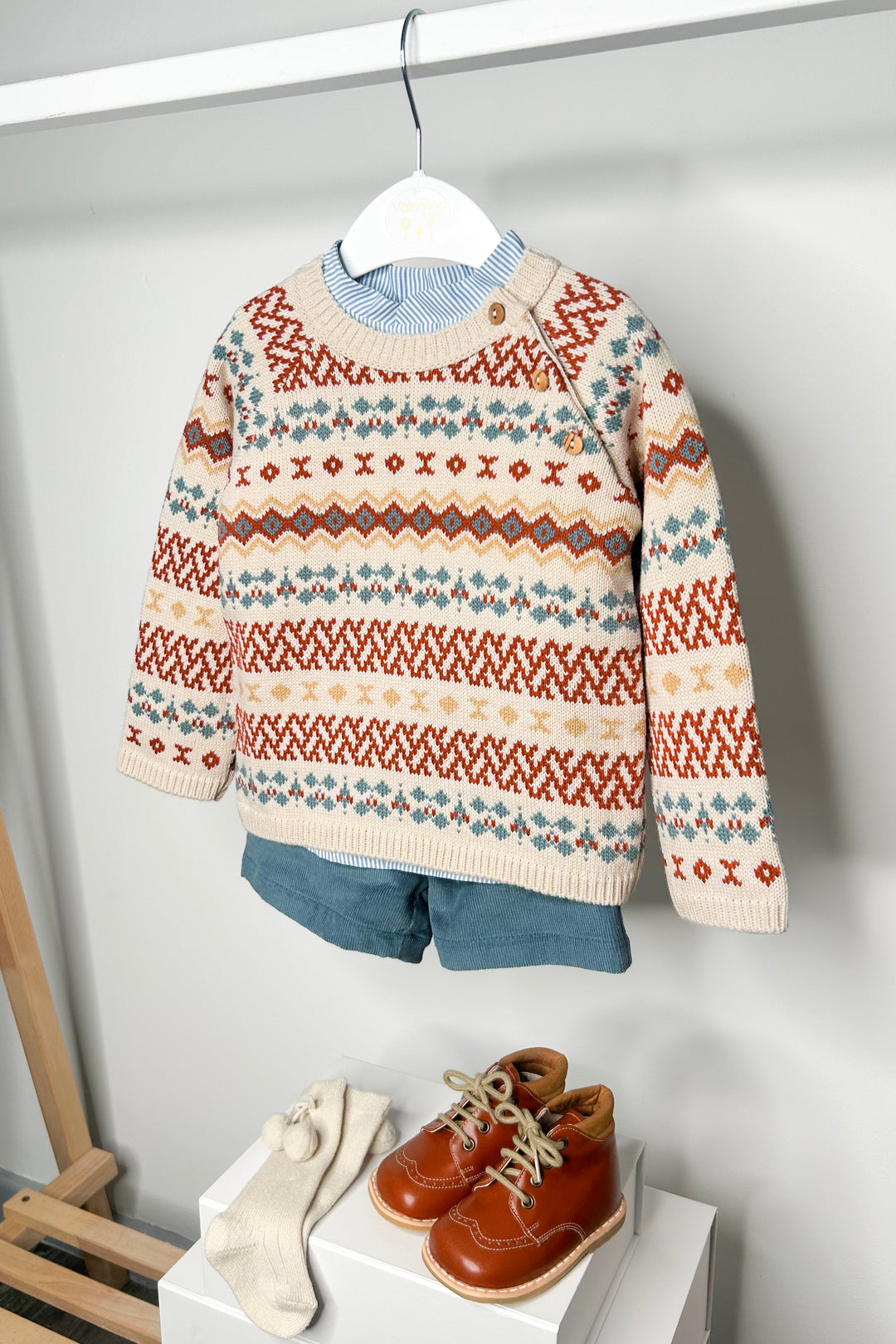 Valentina Bebes "Roux" Multicoloured Patterned Jumper, Shirt & Shorts | Millie and John