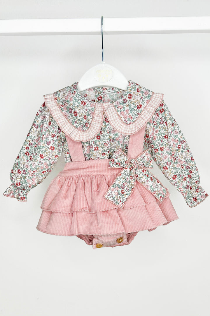 Valentina Bebes "Rose" Dusky Pink Floral Blouse & Cord Pinafore Skirt | Millie and John
