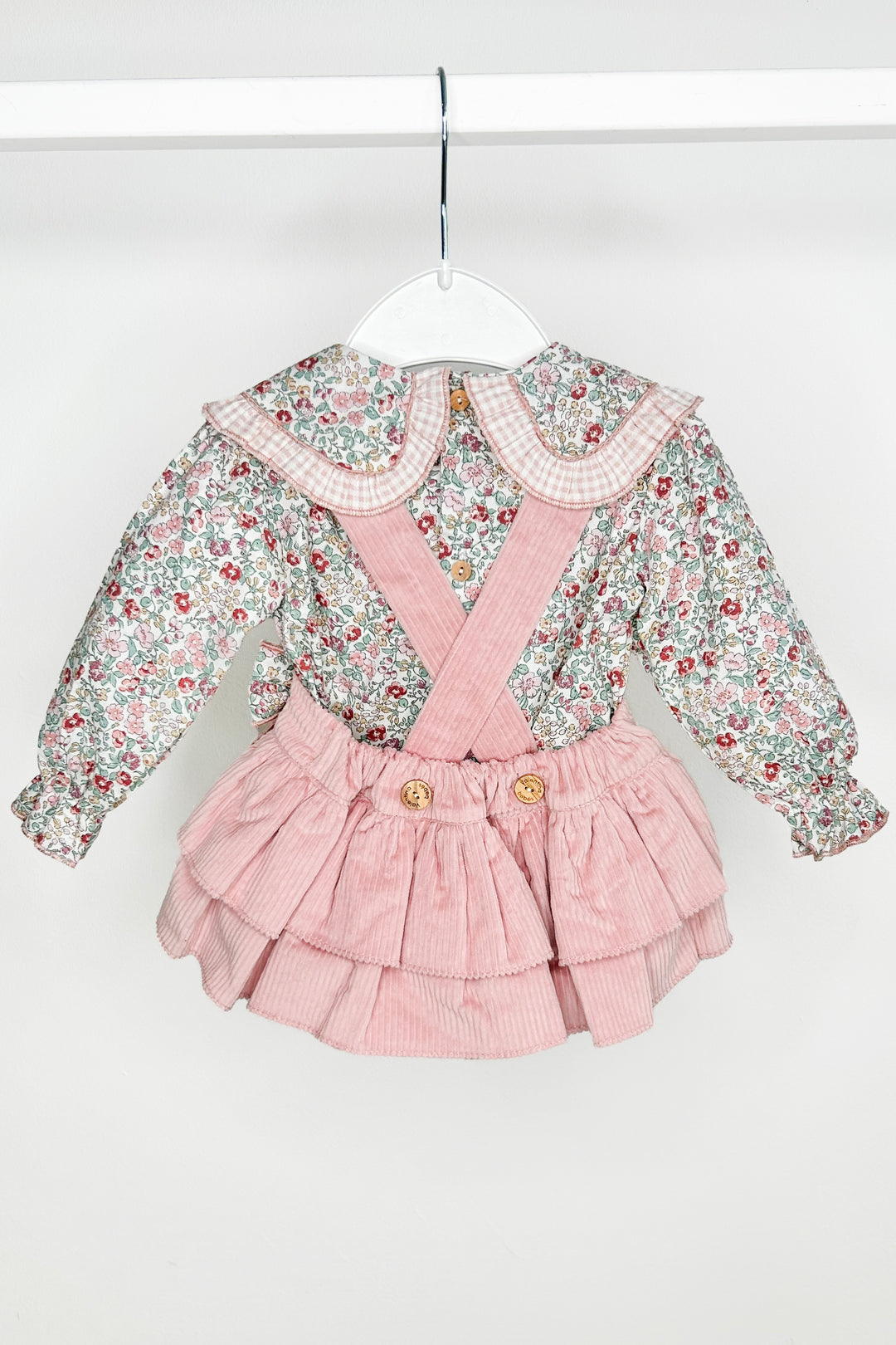 Valentina Bebes "Rose" Dusky Pink Floral Blouse & Cord Pinafore Skirt | Millie and John
