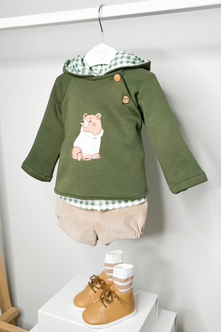 Valentina Bebes "Gerald" Khaki Bear Hoodie, Shirt & Shorts | Millie and John