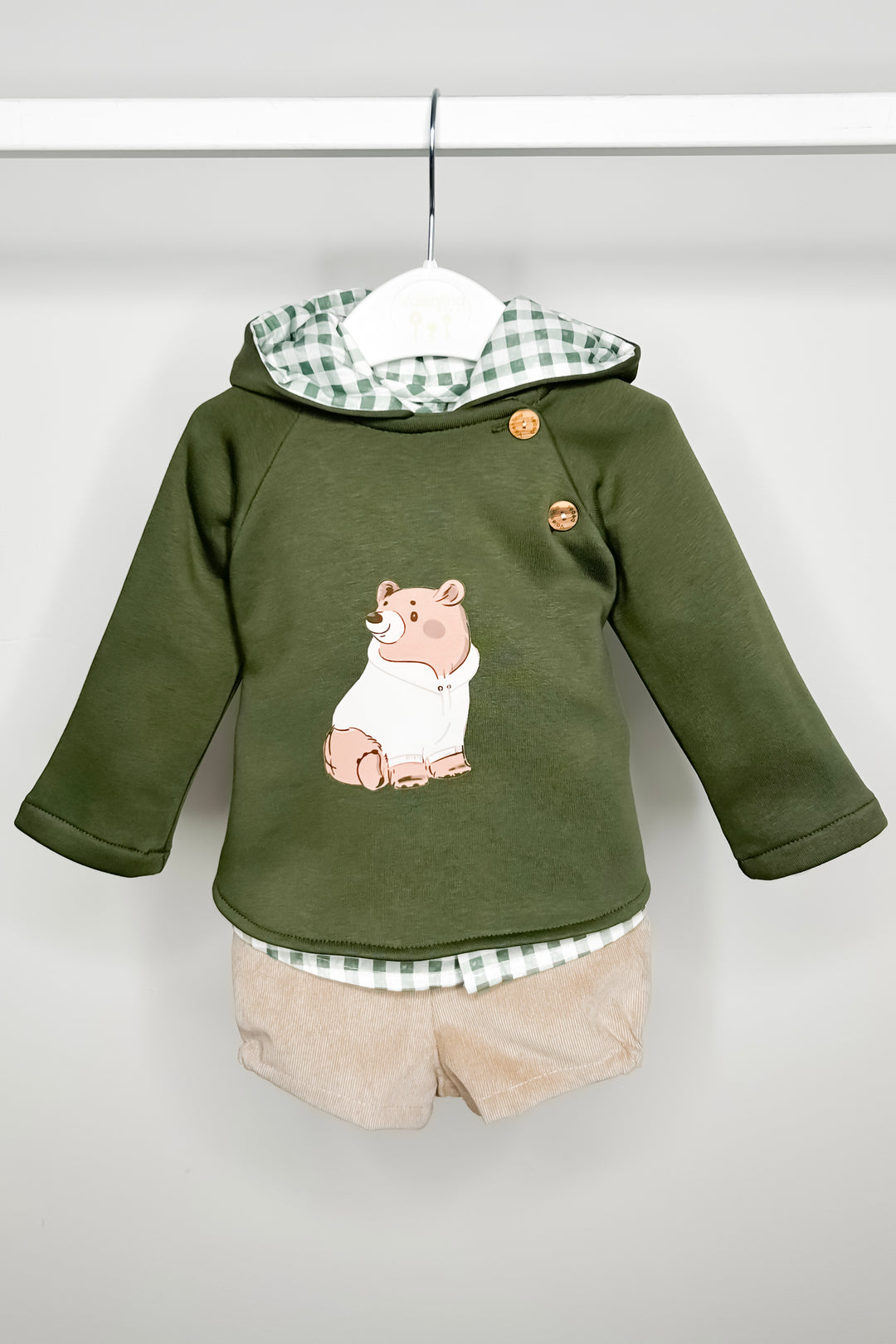 Valentina Bebes "Gerald" Khaki Bear Hoodie, Shirt & Shorts | Millie and John