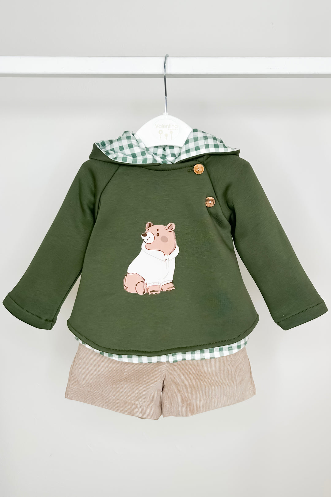 Valentina Bebes "Gerald" Khaki Bear Hoodie, Shirt & Shorts | Millie and John