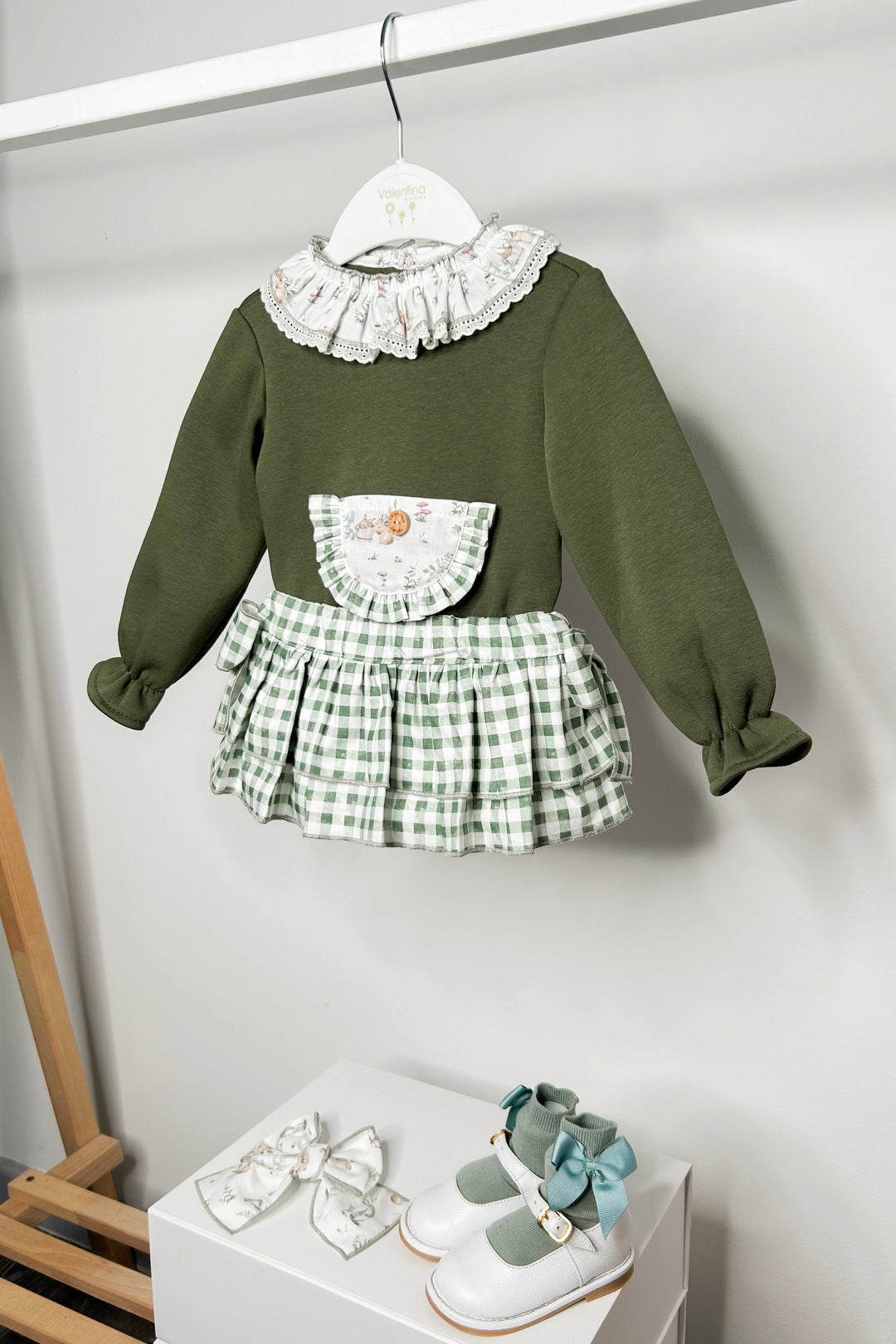 Valentina Bebes "Rosalind" Khaki Sweatshirt & Gingham Skort | Millie and John
