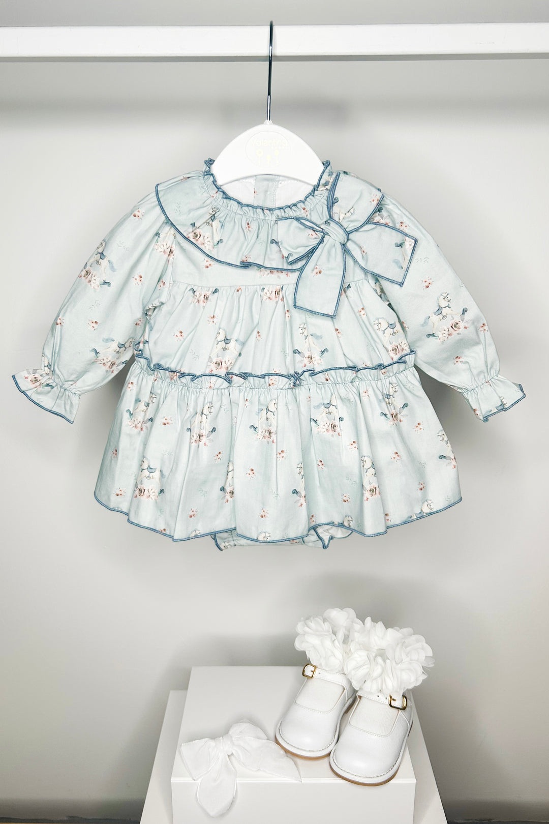 Valentina Bebes "Etta" Pale Teal Carousel Pony Dress & Bloomers | Millie and John