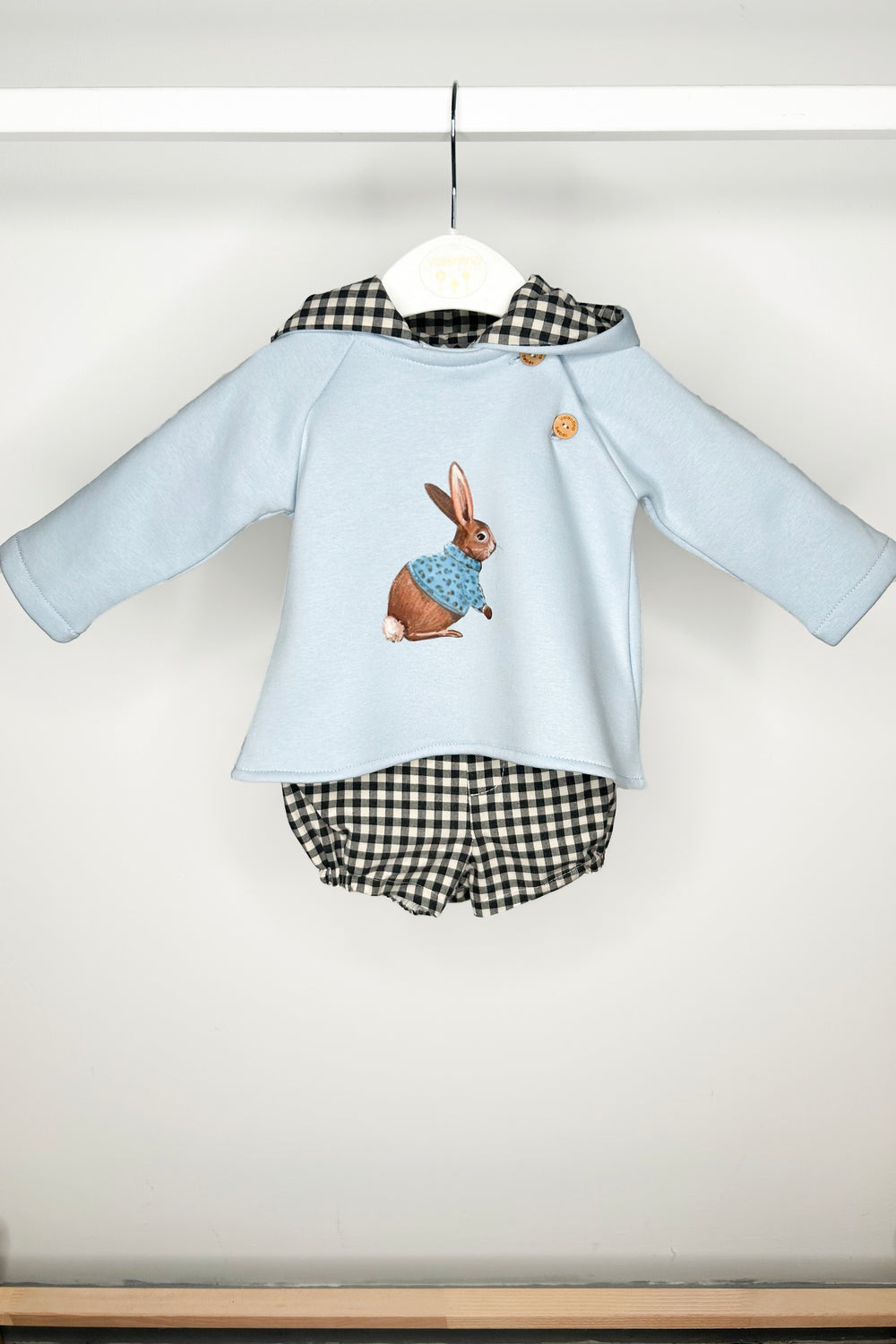 Valentina Bebes "Nash" Light Blue Bunny Hoodie & Black Gingham Shorts | Millie and John