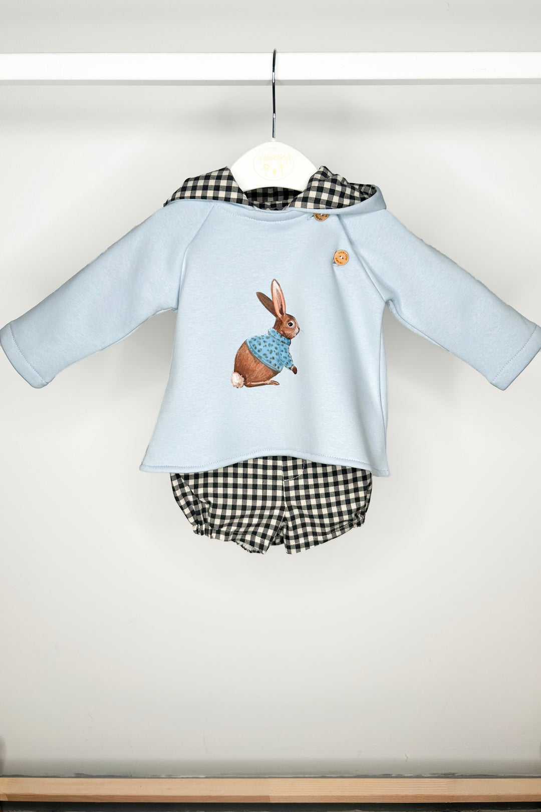 Valentina Bebes "Nash" Light Blue Bunny Hoodie & Black Gingham Shorts | Millie and John
